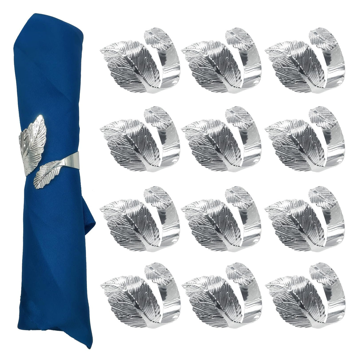 SEEBRIDER napkin rings set with leaf motif and silver finish for elegant tables.