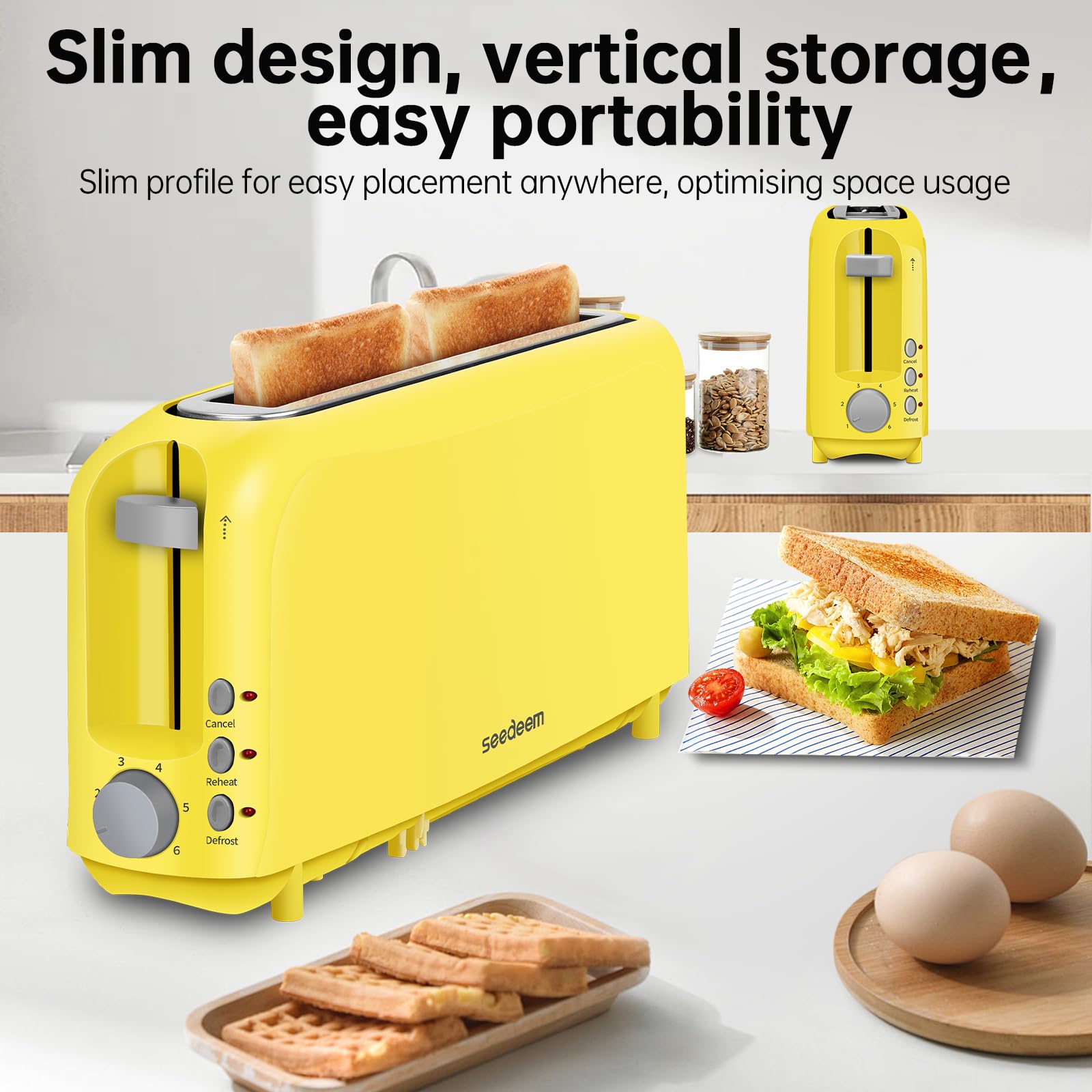 SEEDEEM long-slot toaster with wide slot for two slices or one long slice