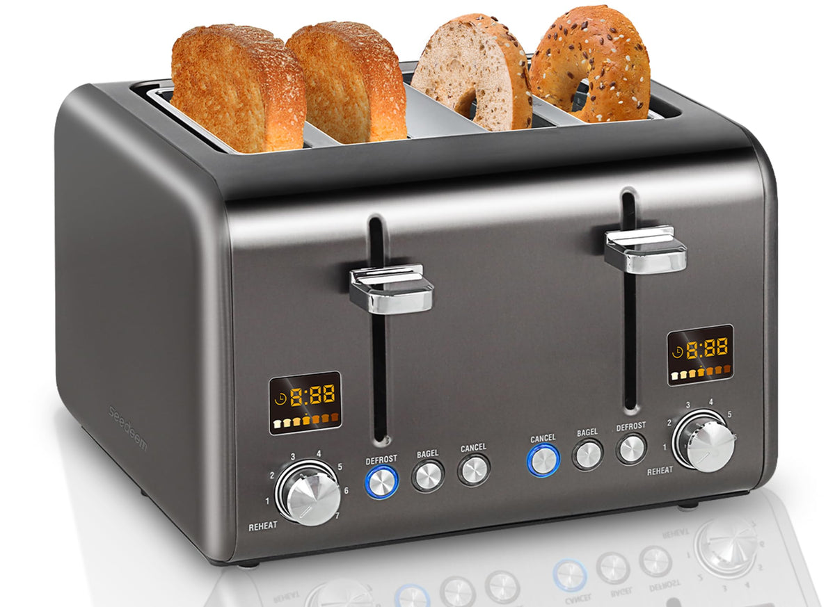 SEEDEEM 4-slice toaster with LCD display showing precise browning levels.