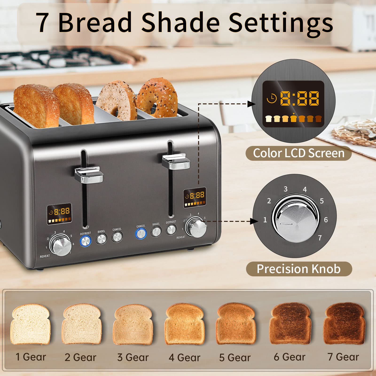 Dual independent controls let you toast different breads at once.