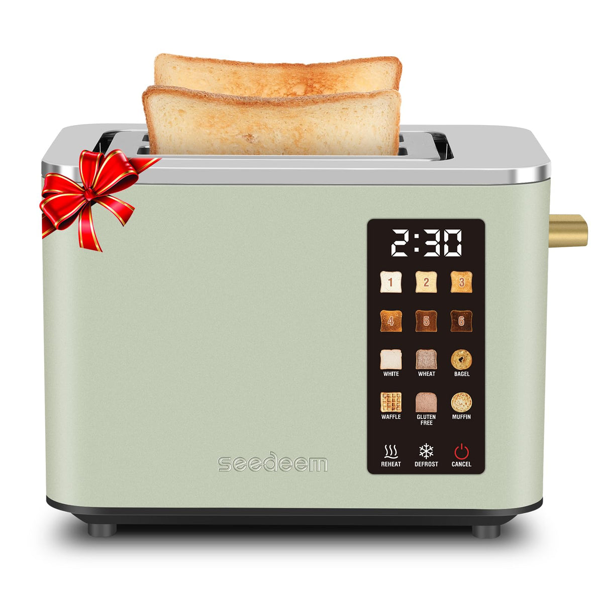 Seedeem Toaster 2 Slice front view in mint green for compact, stylish kitchens