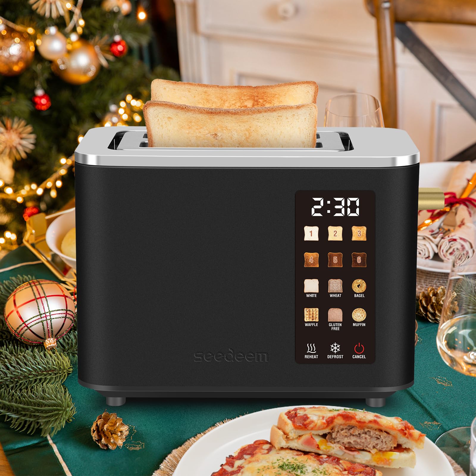 SEEDEEM Toaster 2 Slice LCD display with countdown, shade level, bread type, and function.