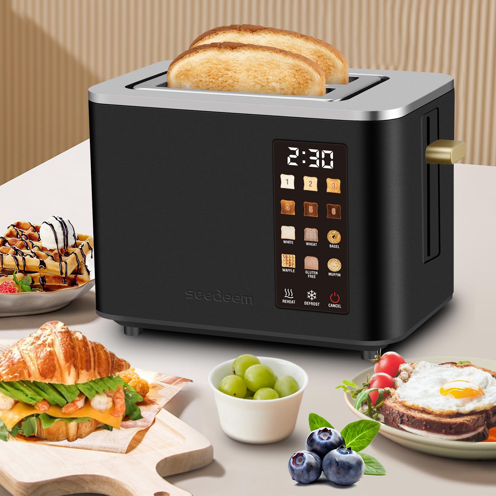 SEEDEEM Toaster 2 Slice matte black finish complements modern kitchens.