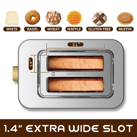 SEEDEEM Toaster 2 Slice 1.4 inch wide slots for various breads and even browning.