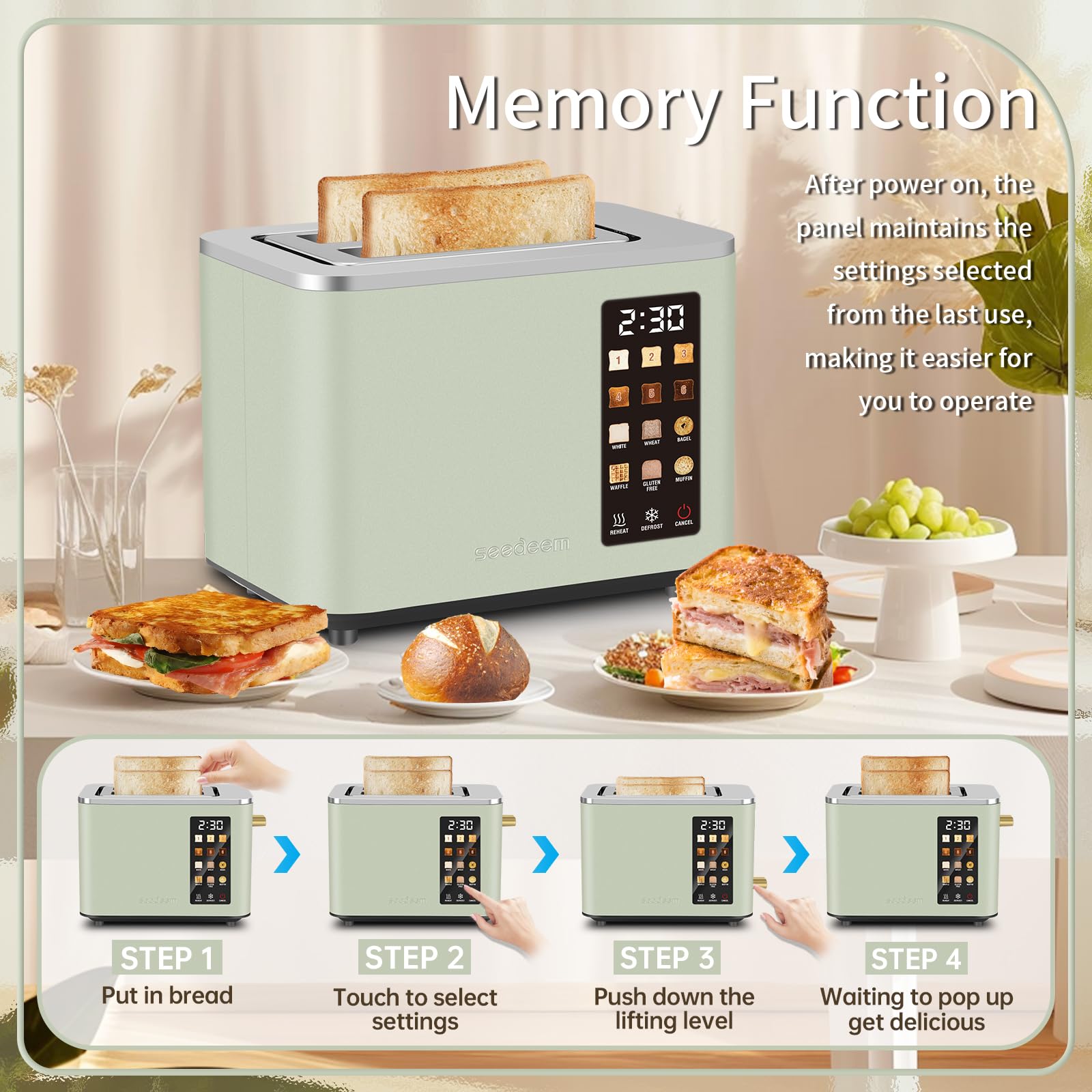 Seedeem Toaster mint green stainless finish adds modern kitchen style