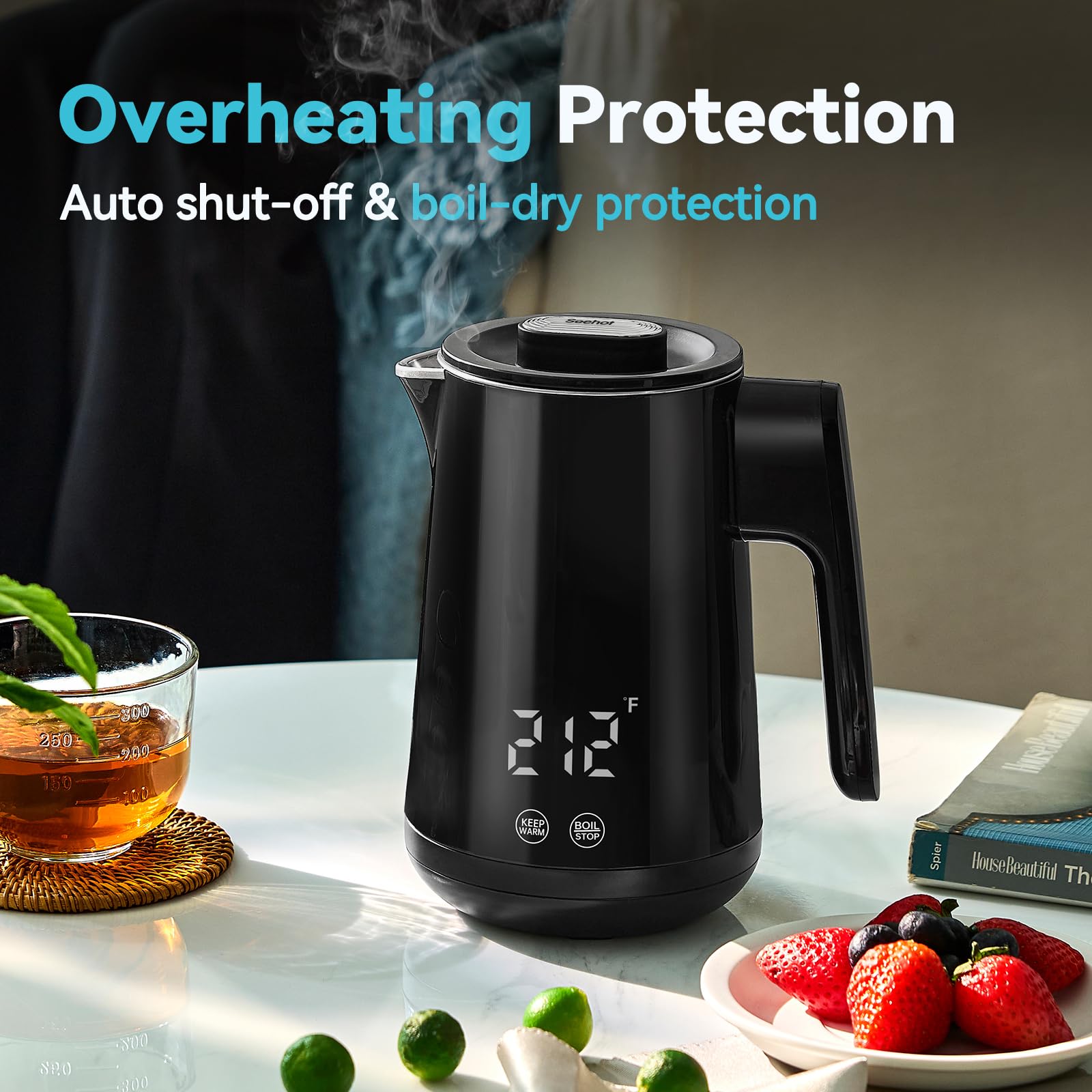 Seehot auto shut-off with boil-dry protection enhances safe operation.