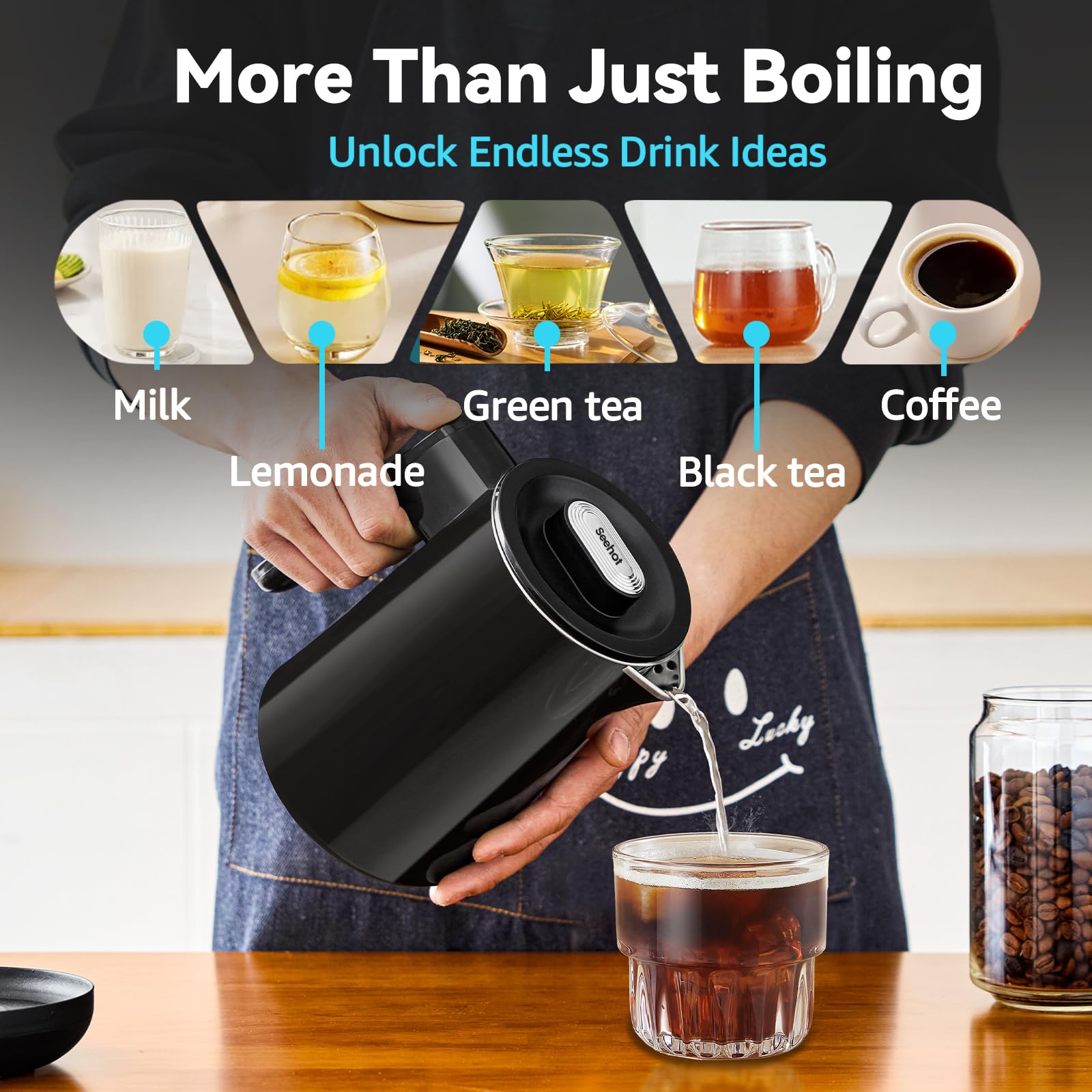 Seehot kettle keeps your chosen temperature warm for later cups.