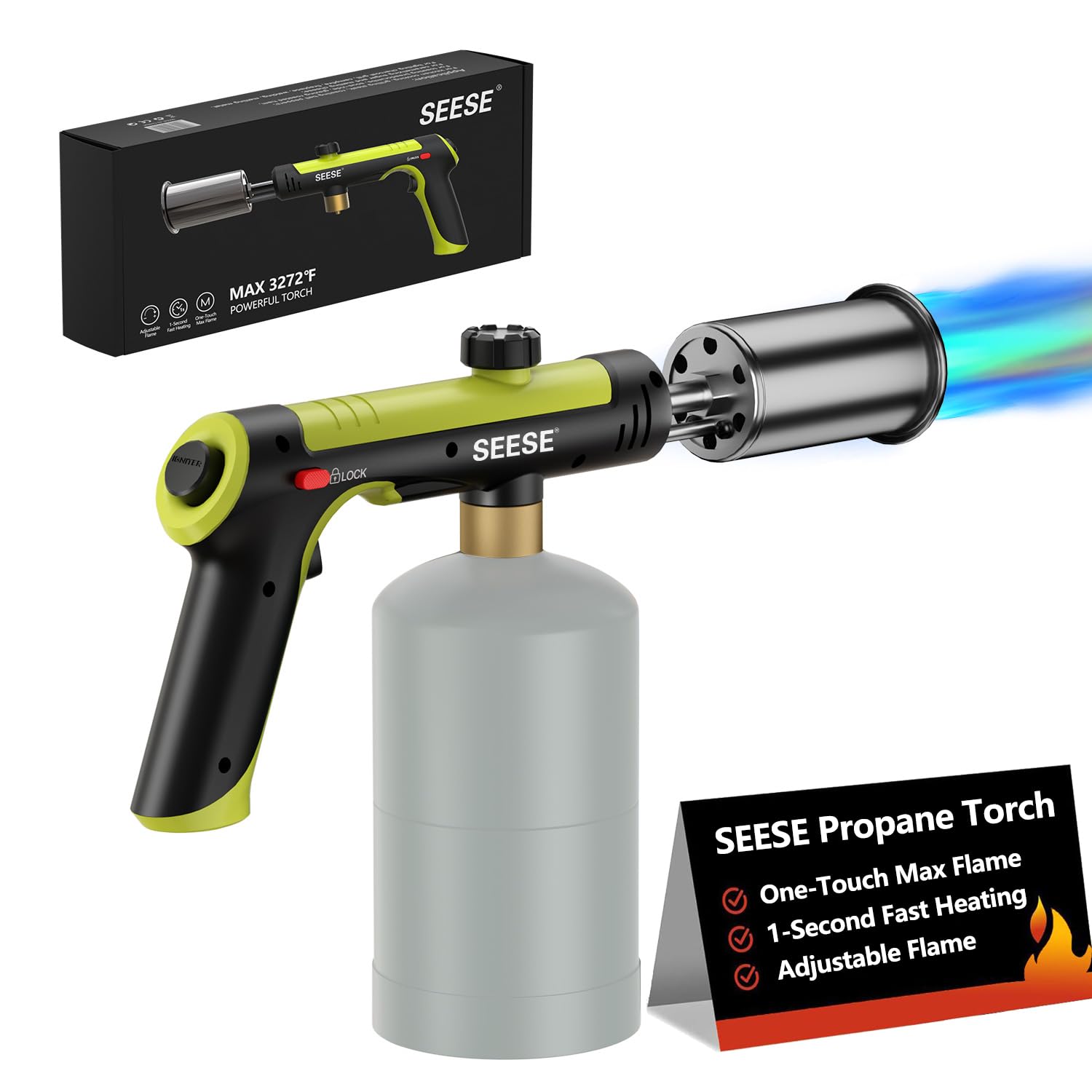SEESE Power Torch One-Touch Max Fire button for fast searing and cooking prep.