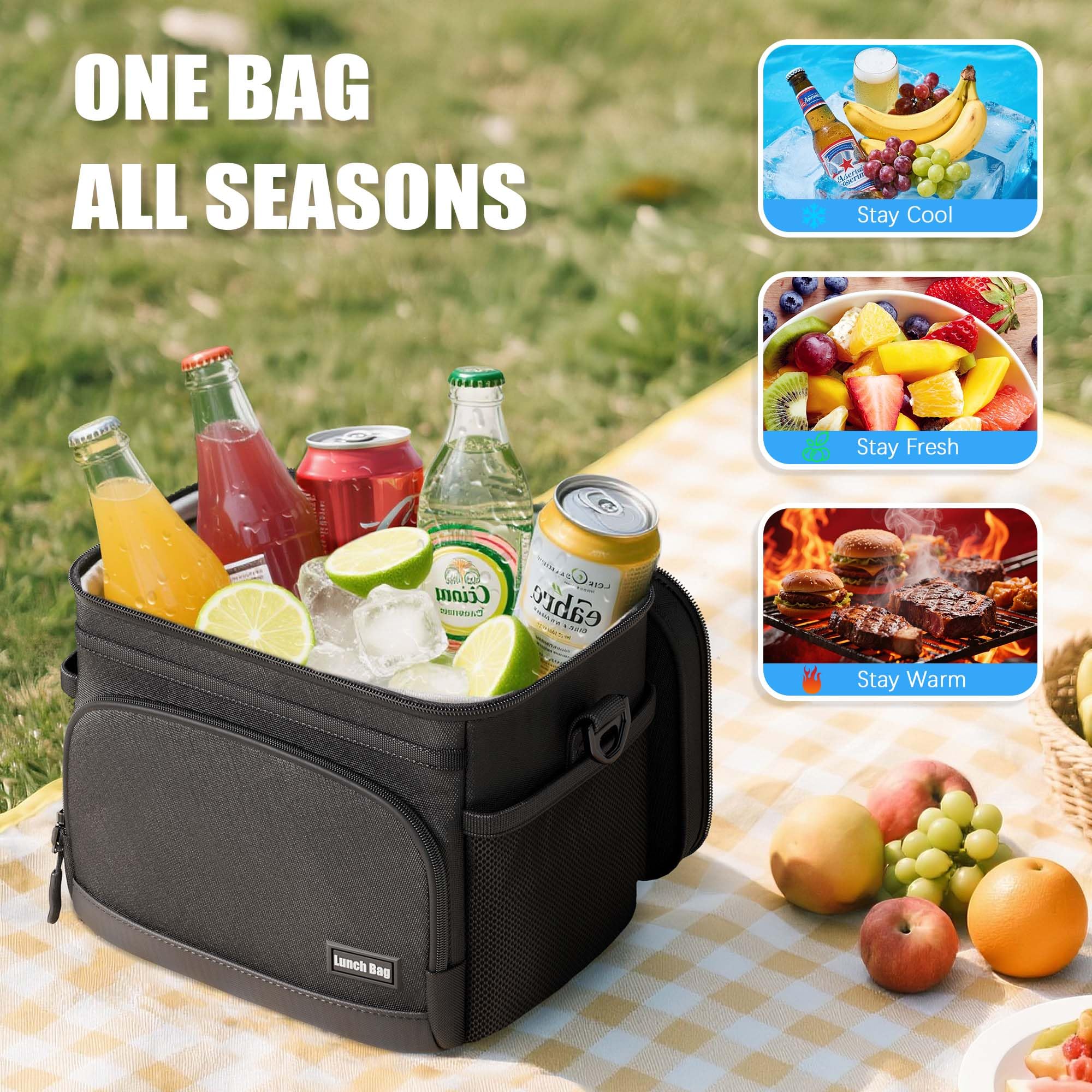 Seeseven insulated lunch bag with leakproof interior to prevent spills.