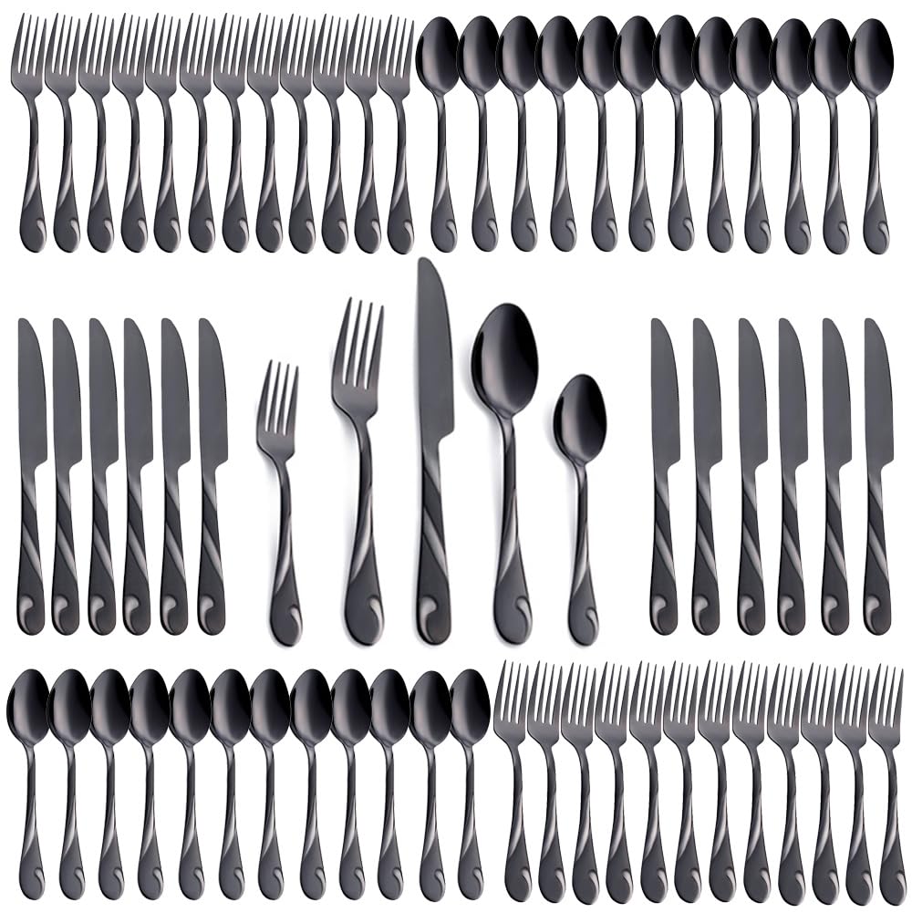 Seeshine black 60-piece flatware displayed on a dining table for a stylish look