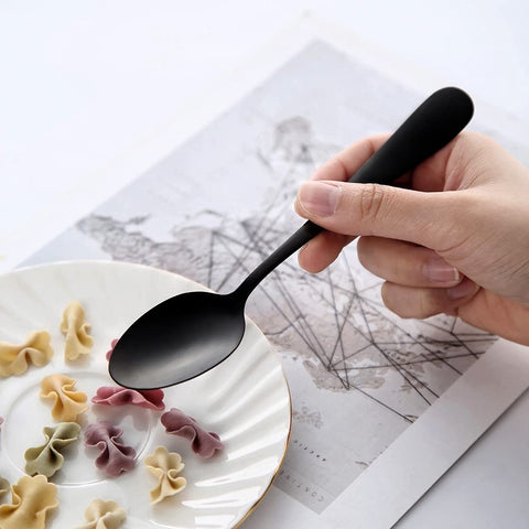 Seeshine matte black dessert spoon on dining table for stylish meals