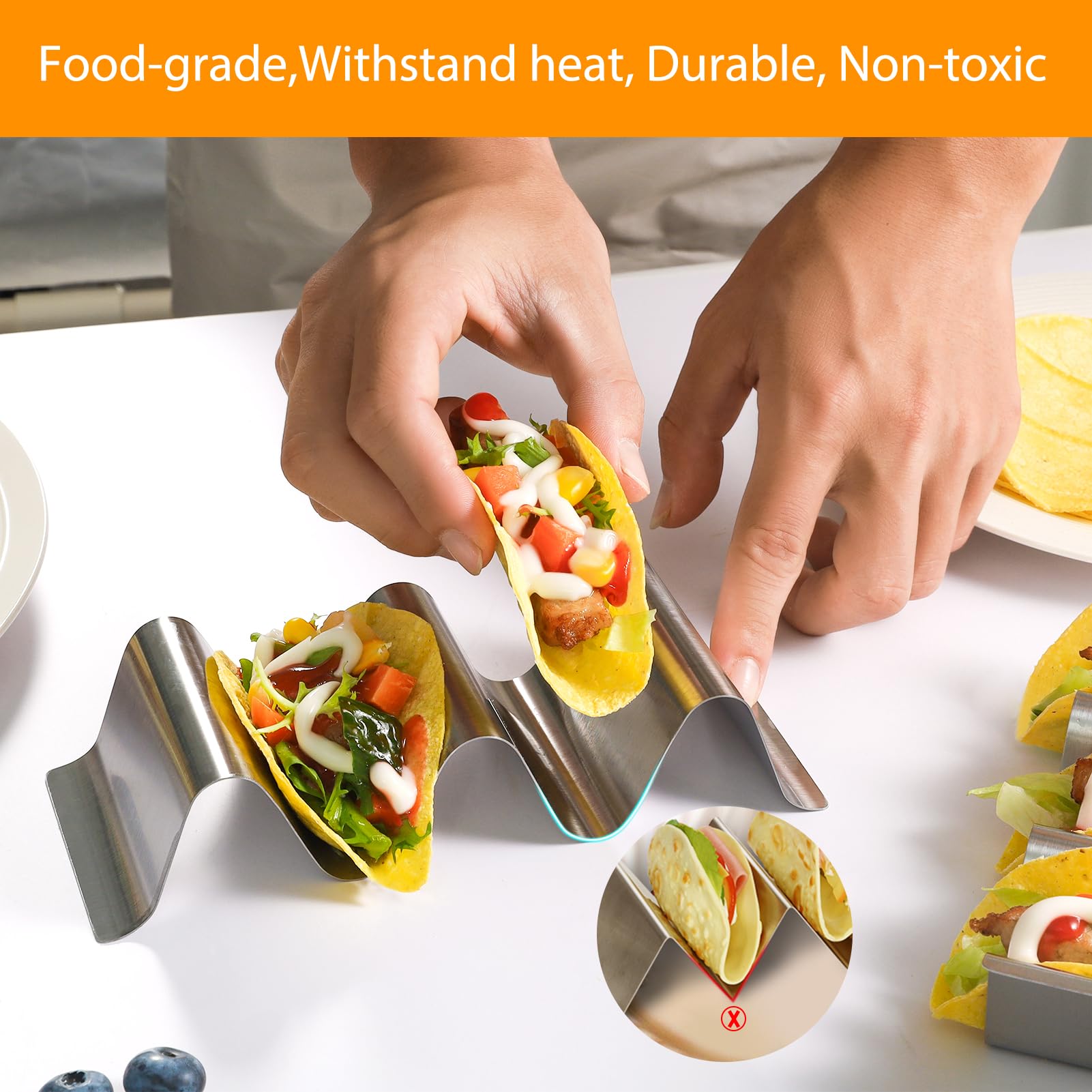 SeewtLice taco holder stainless close-up shows durable brushed steel construction