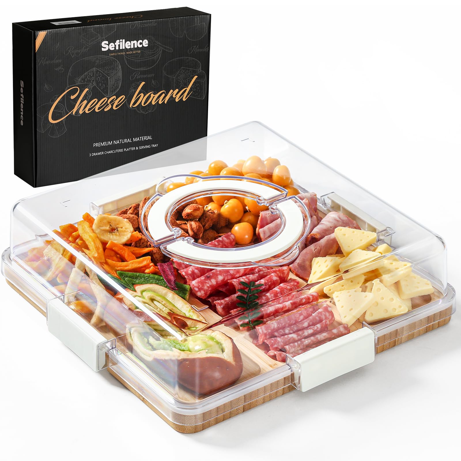 SEFILENCE charcuterie board with clear lid keeps snacks fresh during travel.