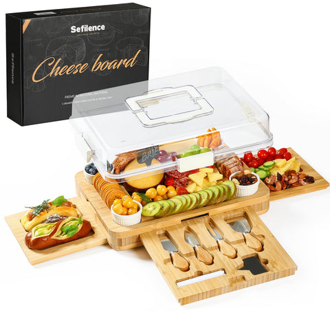 SEFILENCE charcuterie board with drawer open showcases organized utensils for easy entertaining.