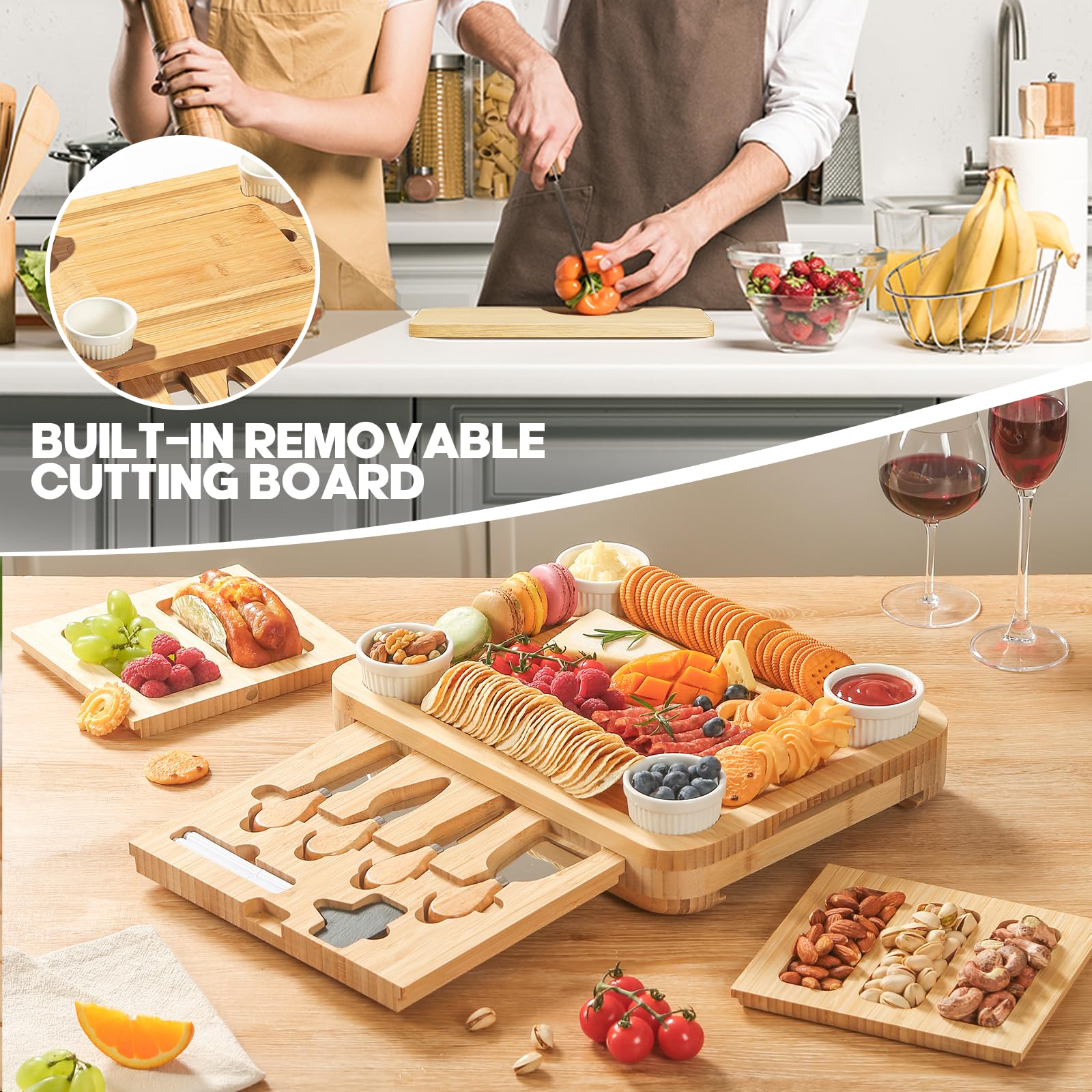 SEFILENCE board with hidden drawers keeps cheese and snacks organized