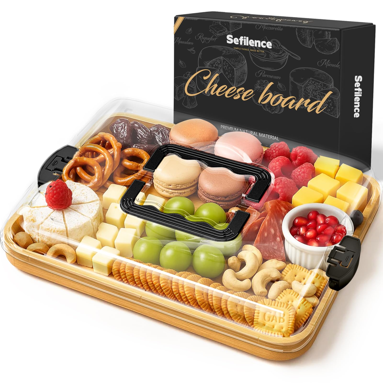 SEFILENCE charcuterie board with lid showing organized 6-compartment display for parties