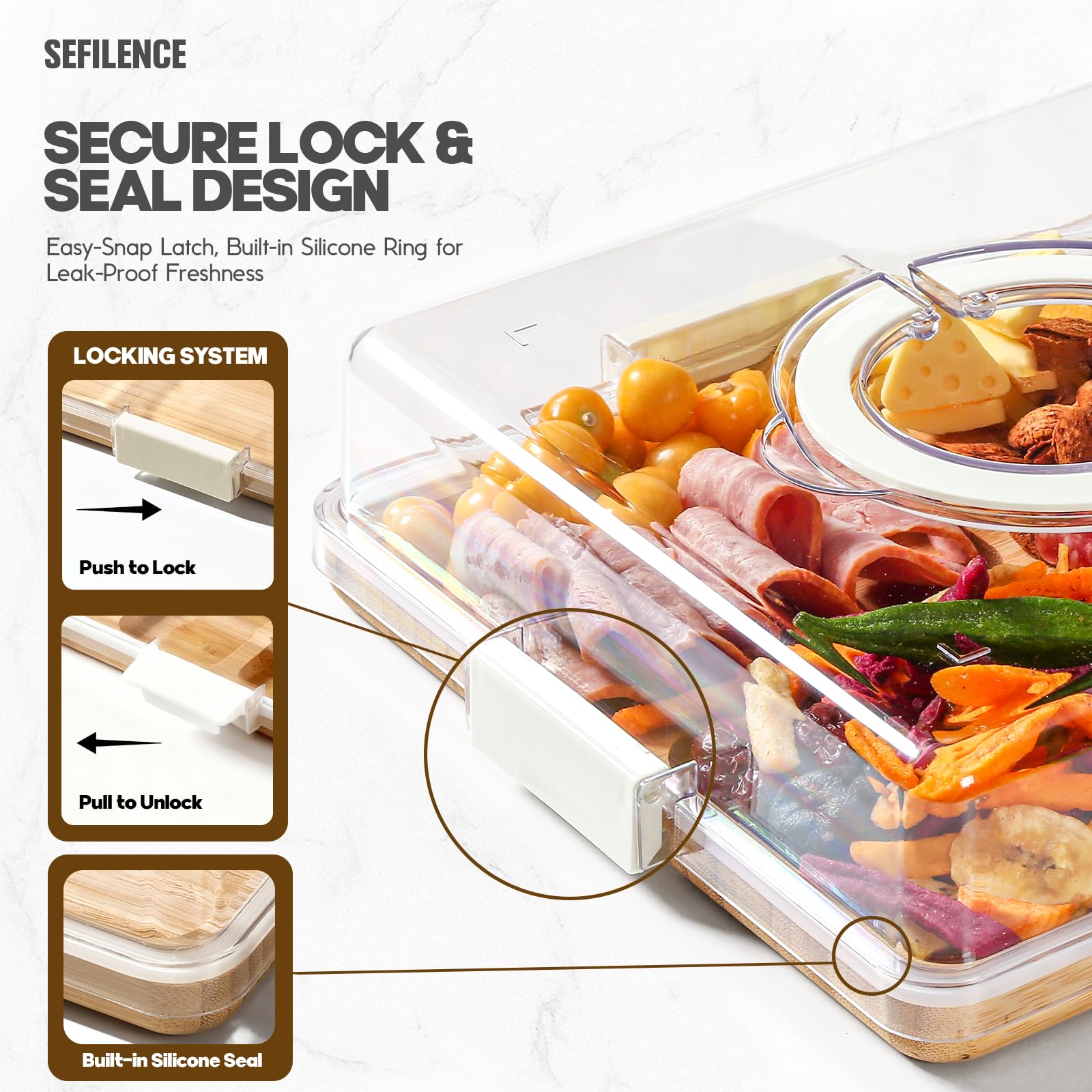 SEFILENCE Snackle box with six compartments organizes meats, cheeses, and fruit.