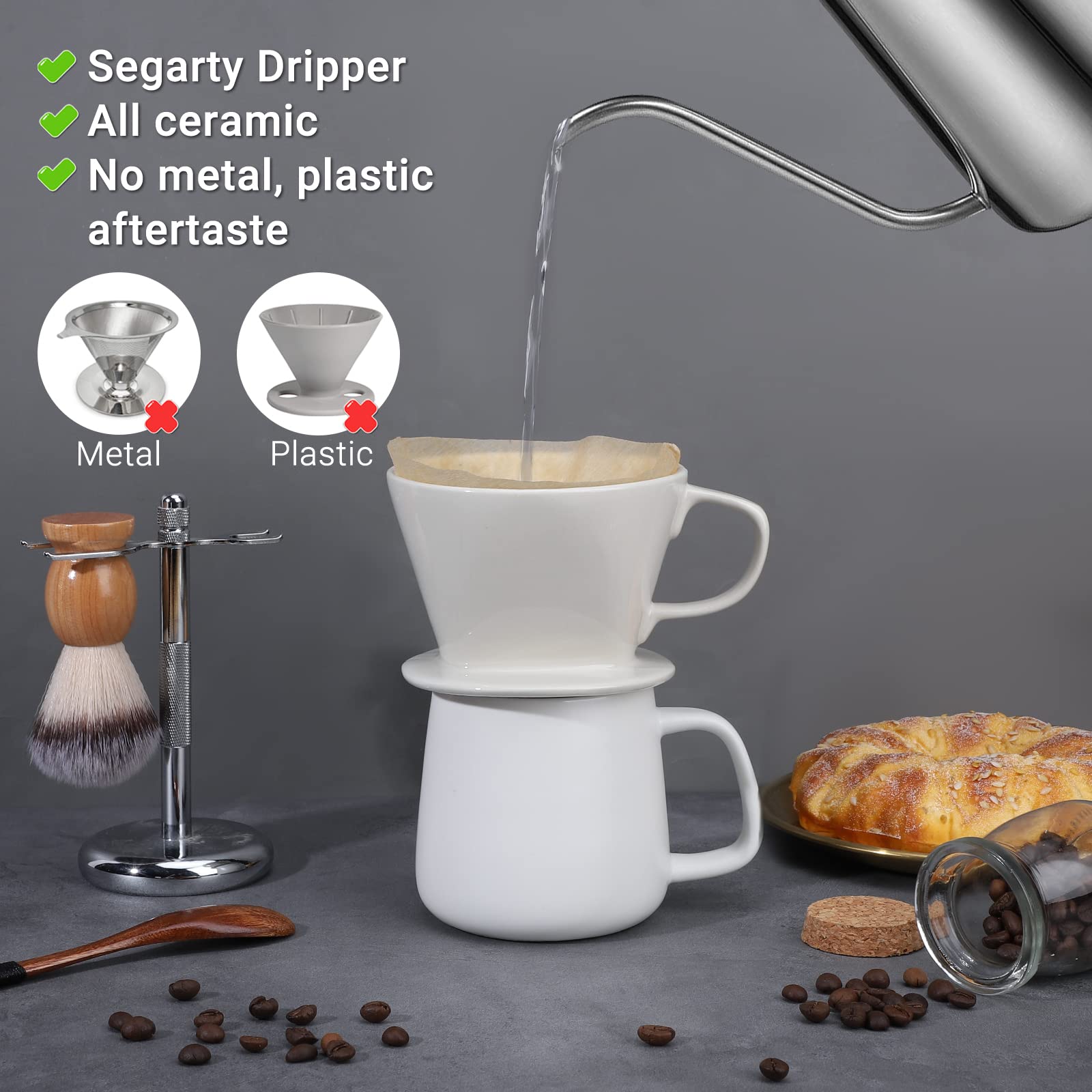 Segarty ceramic dripper close-up, three-hole flat bottom for richer extraction.