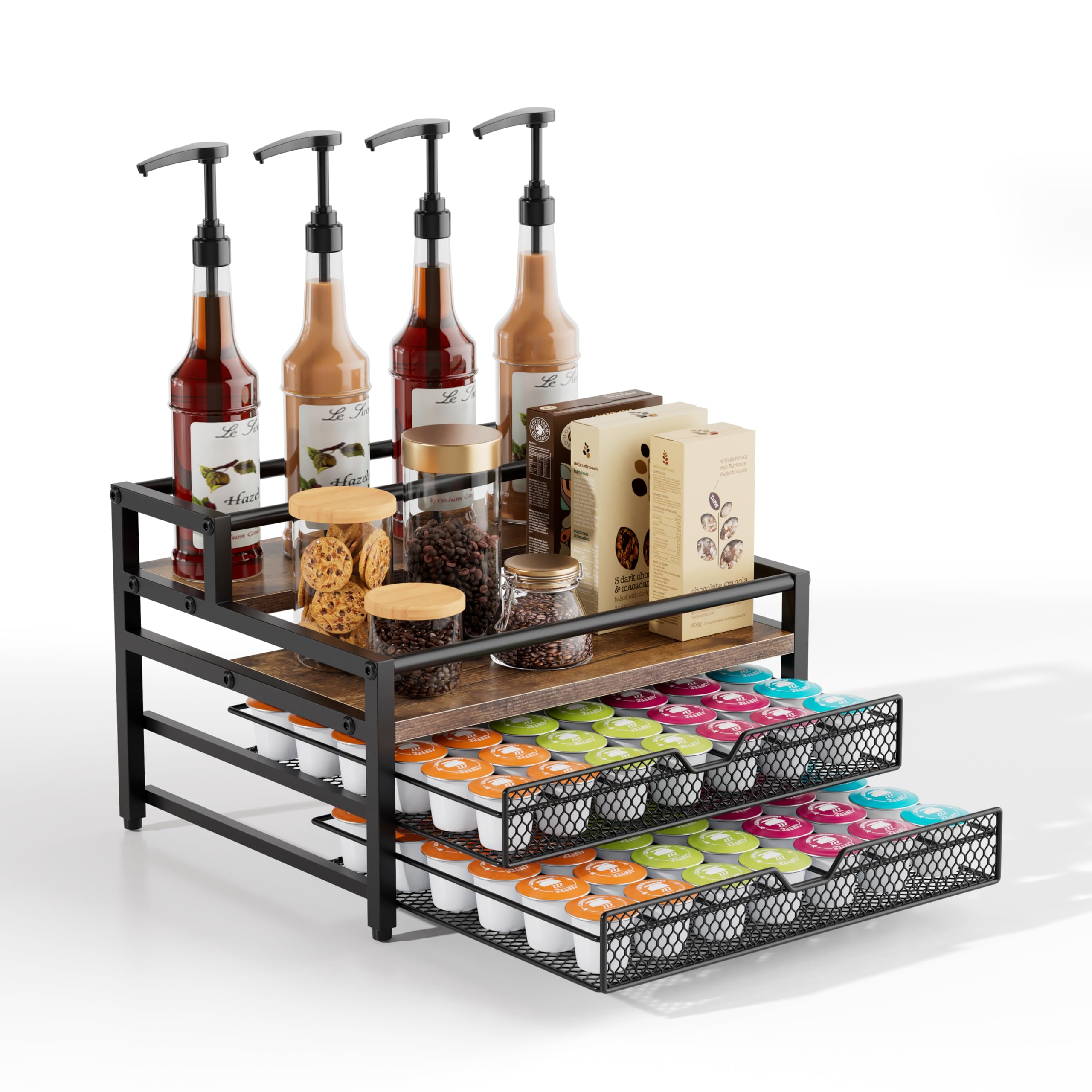 Segtenant 4-tier syrup rack with two drawers keeps syrups and K-Cups neatly organized.