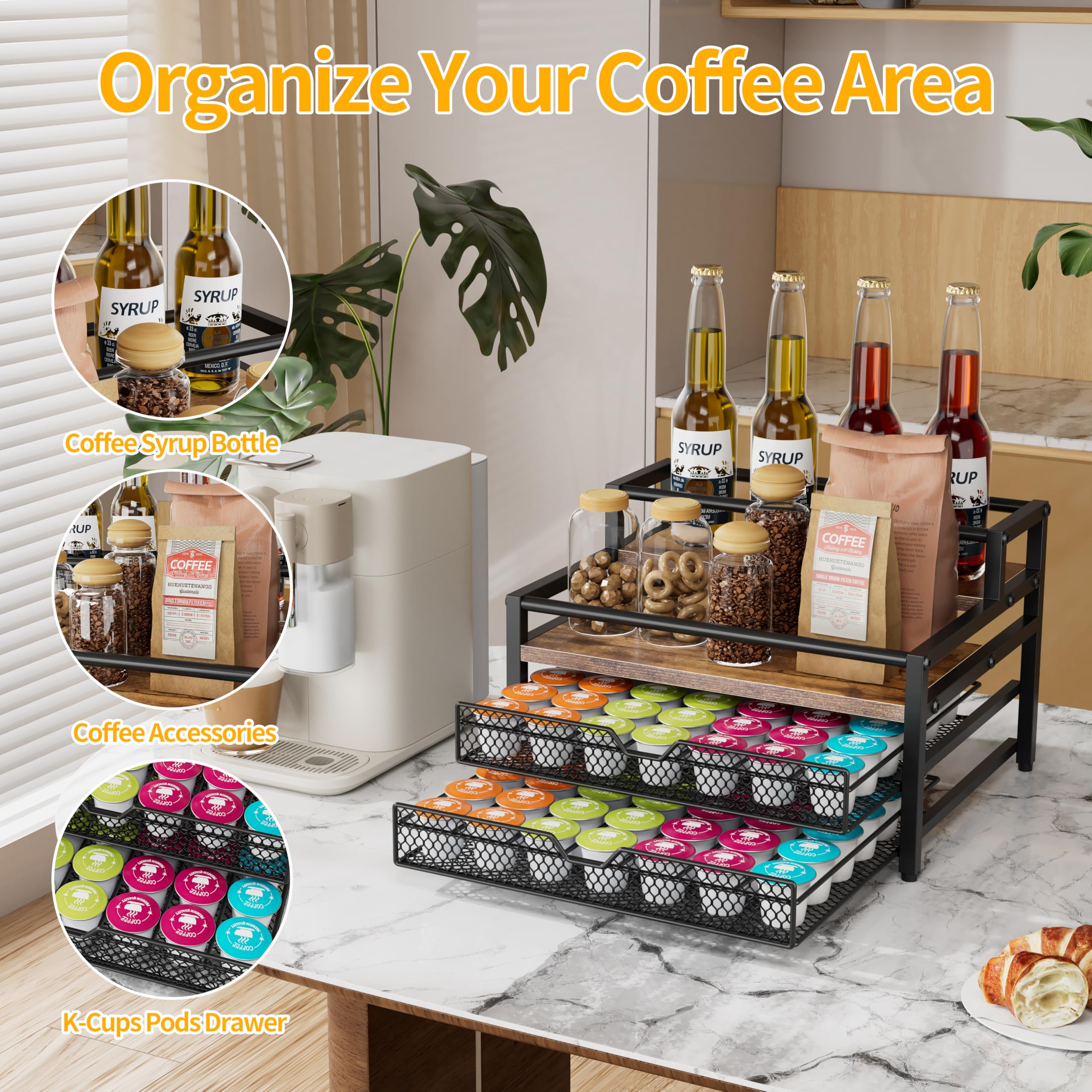 Segtenant coffee bar stand with wood frame adds elegant storage to your kitchen counter.