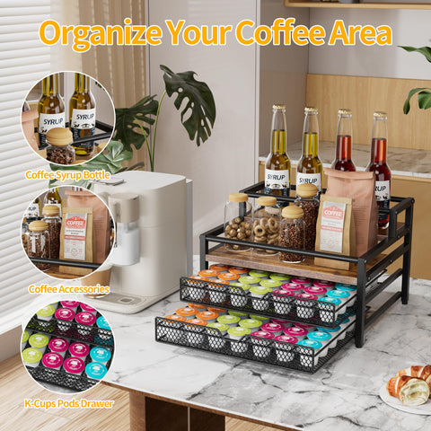 Segtenant coffee bar stand with wood frame adds elegant storage to your kitchen counter.