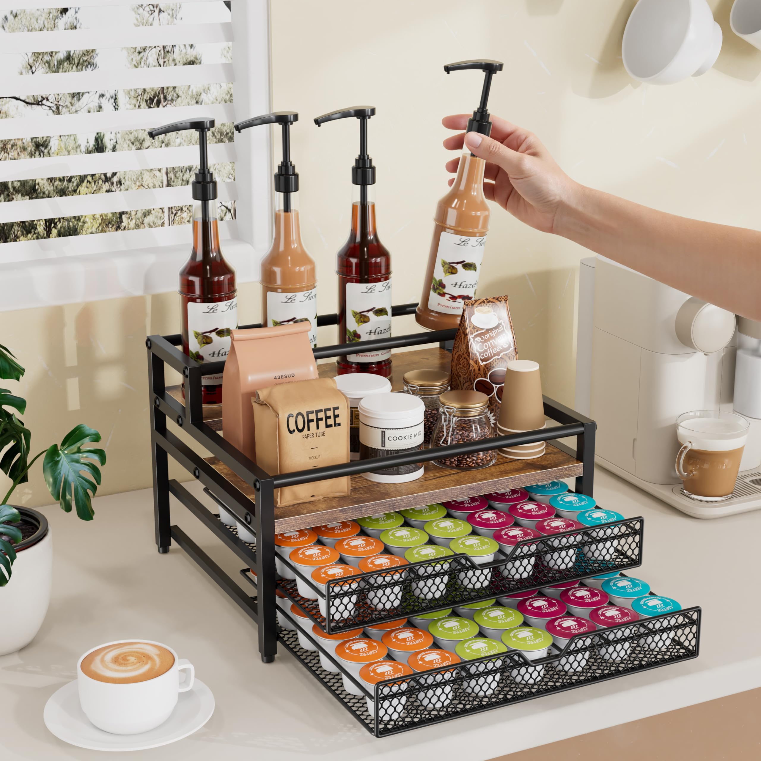 Segtenant coffee station organizer with sliding drawers improves counter space and access.