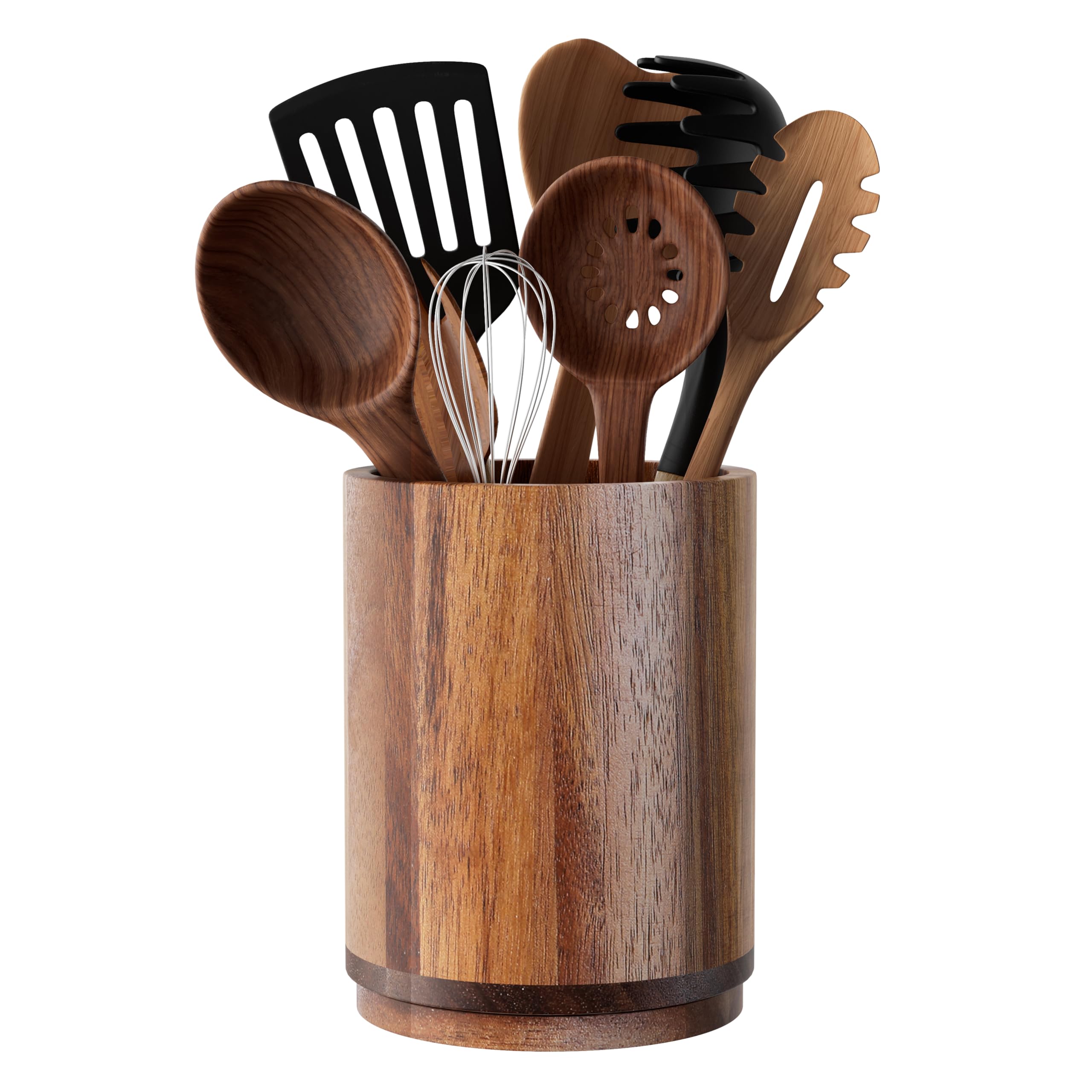 Segtenant utensil holder on counter with acacia wood finish for easy access.