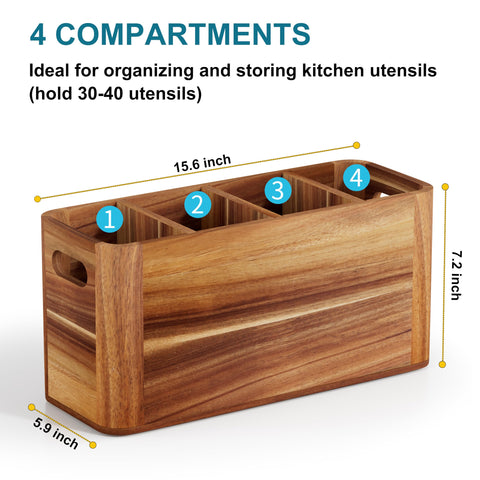 Segtenant acacia wood utensil holder sits on the countertop with a warm farmhouse vibe.