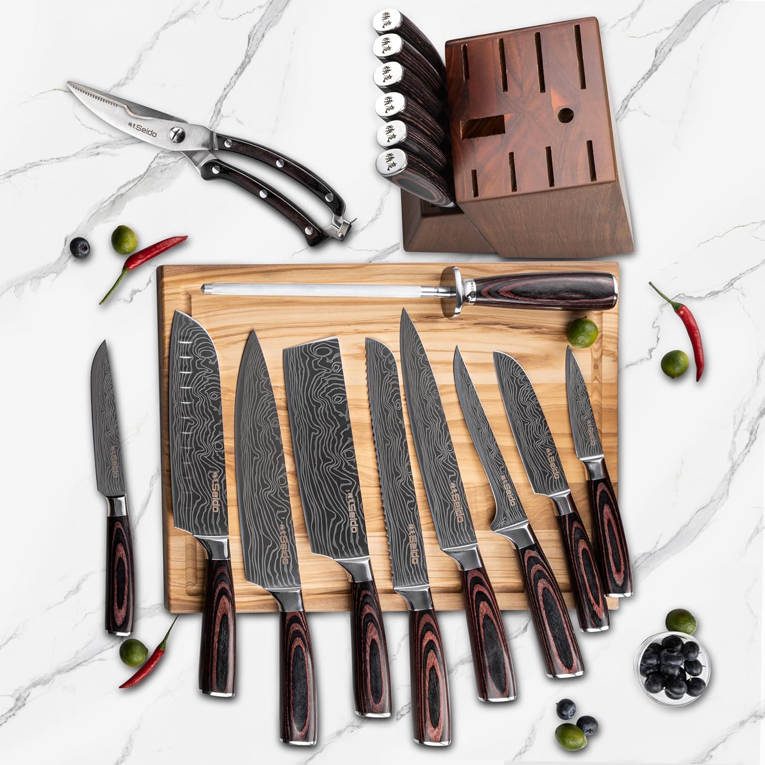Seido Knives Damascus steel blades close-up highlighting razor-sharp edges