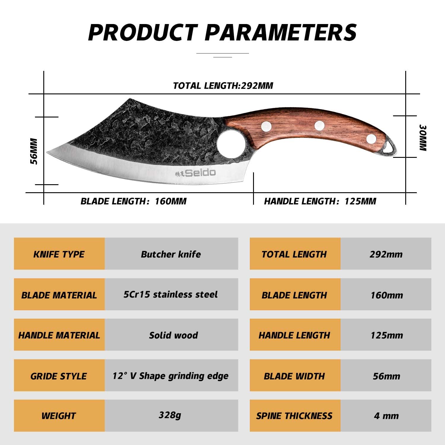 Seido Knives Hakai kitchen cleaver display with butcher-ready versatility.