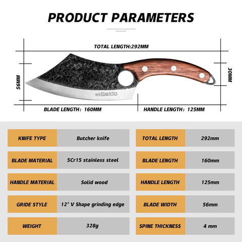 Seido Knives Hakai kitchen cleaver display with butcher-ready versatility.