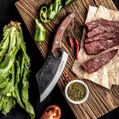 Seido Knives Hakai rosewood handle provides ergonomic grip.