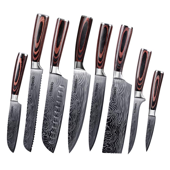 Seido Knives Master Chef Set displayed on a wood block for premium kitchen prep