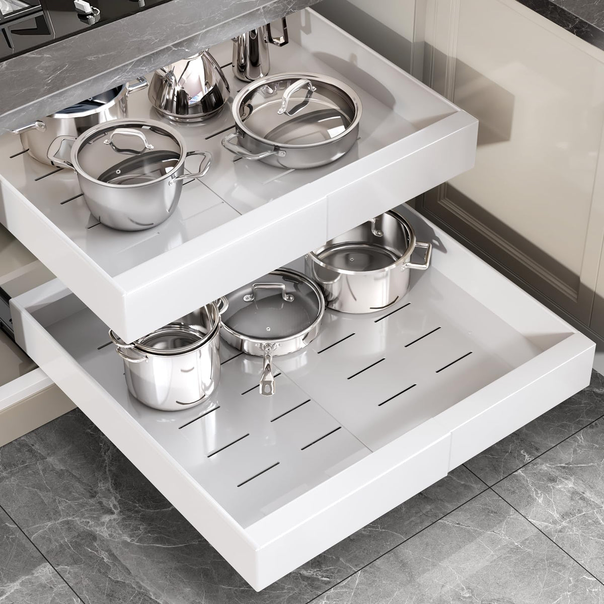 Seinloes 2-pack pull-out organizer with 22-inch depth for easy back-item access