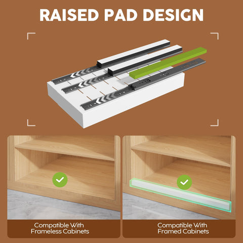 Seinloes adhesive raising pad setup enables tool-free installation in framed cabinets.