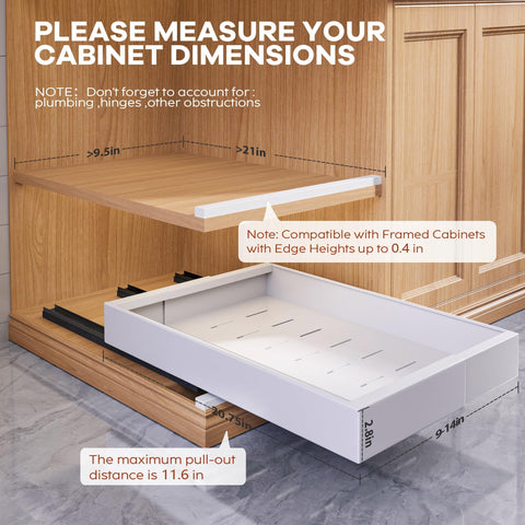 Seinloes adjustable width from nine to fourteen point one inches fits various cabinets.