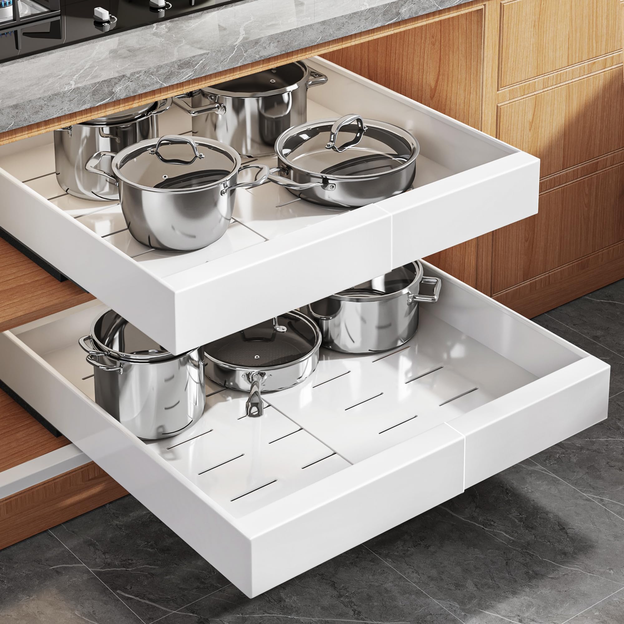 Seinloes adjustable-width pull-out rail system shown in a cabinet for customizable storage