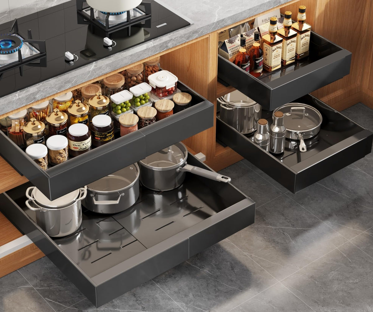 Seinloes expandable pull-out organizer fitting 21-inch deep cabinets for easy access