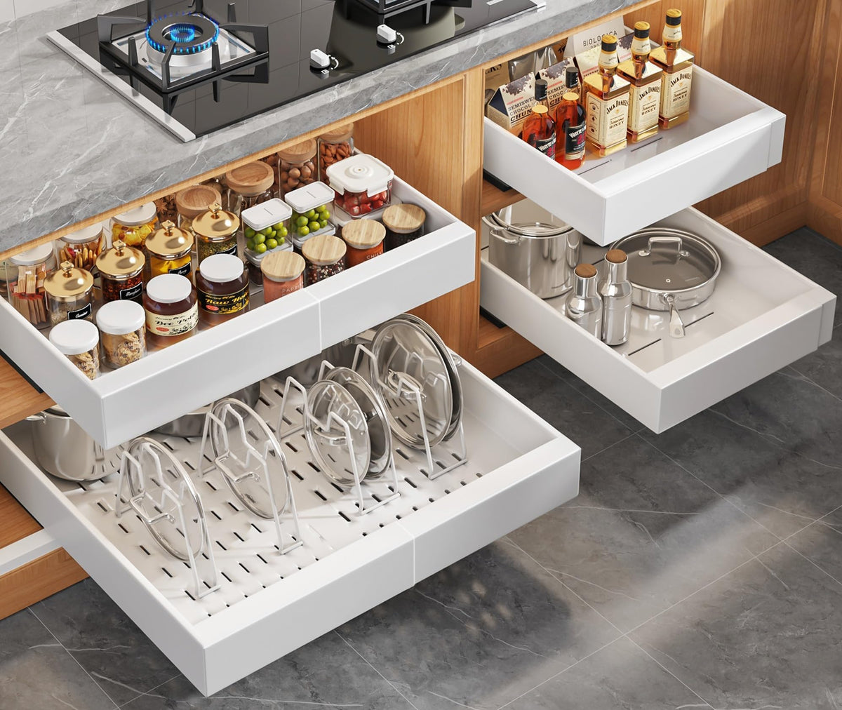 Seinloes expandable pull-out cabinet organizer shows 21-inch depth for easier access.
