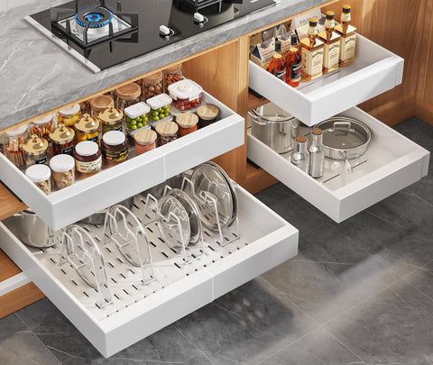 Seinloes expandable pull-out cabinet organizer shows 21-inch depth for easier access.