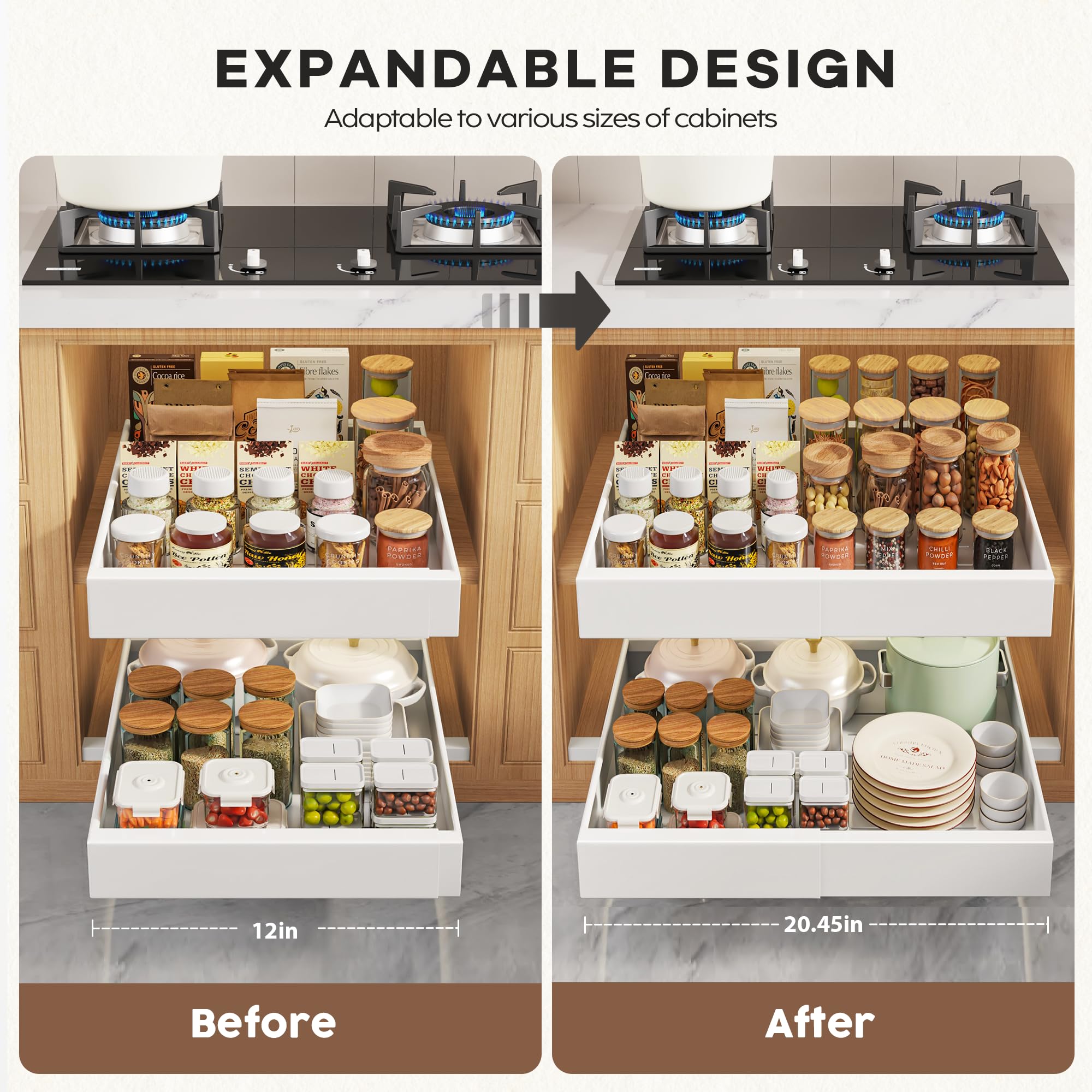 Seinloes expandable width from 12 to 20.45 inches fits various cabinet sizes with ease.