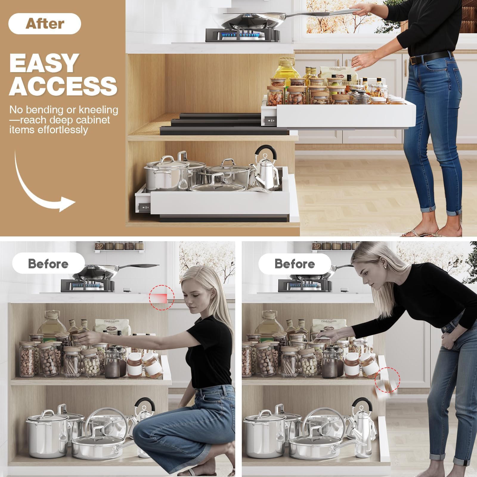 Seinloes expandable width and depth shown in an installed cabinet.