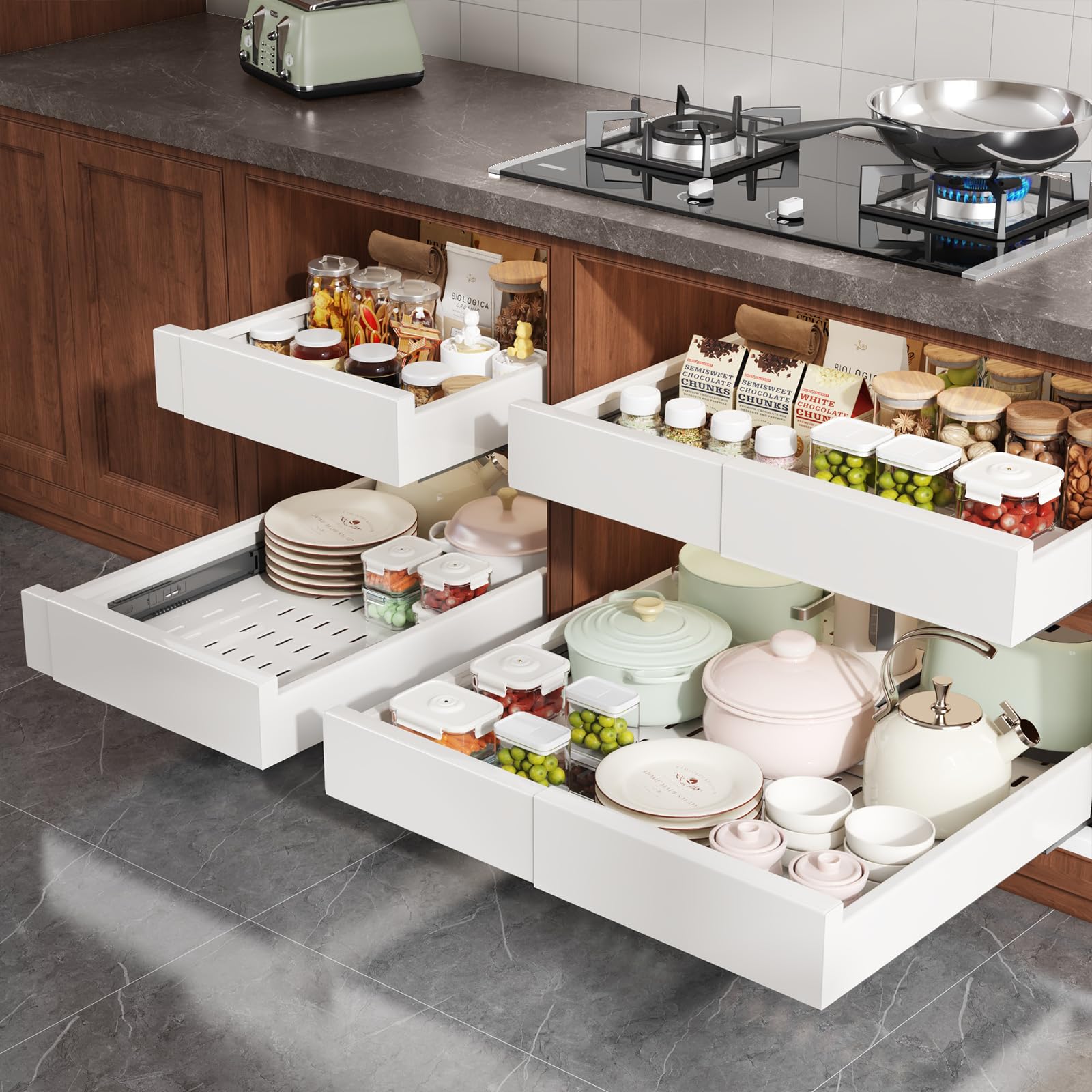 Seinloes kitchen pantry storage—maximize cabinet space with glide-out design.