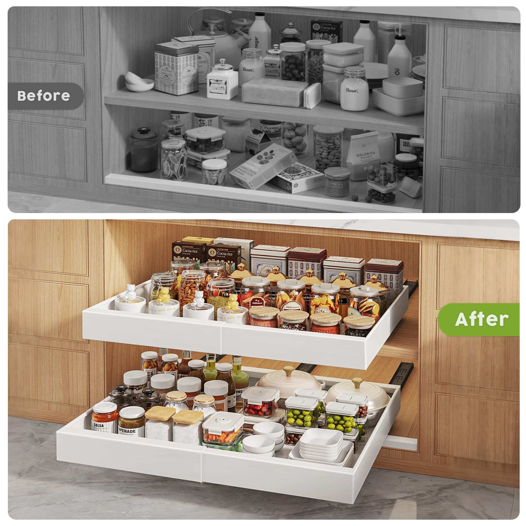 Seinloes design maximizes cabinet space for organized, accessible storage.