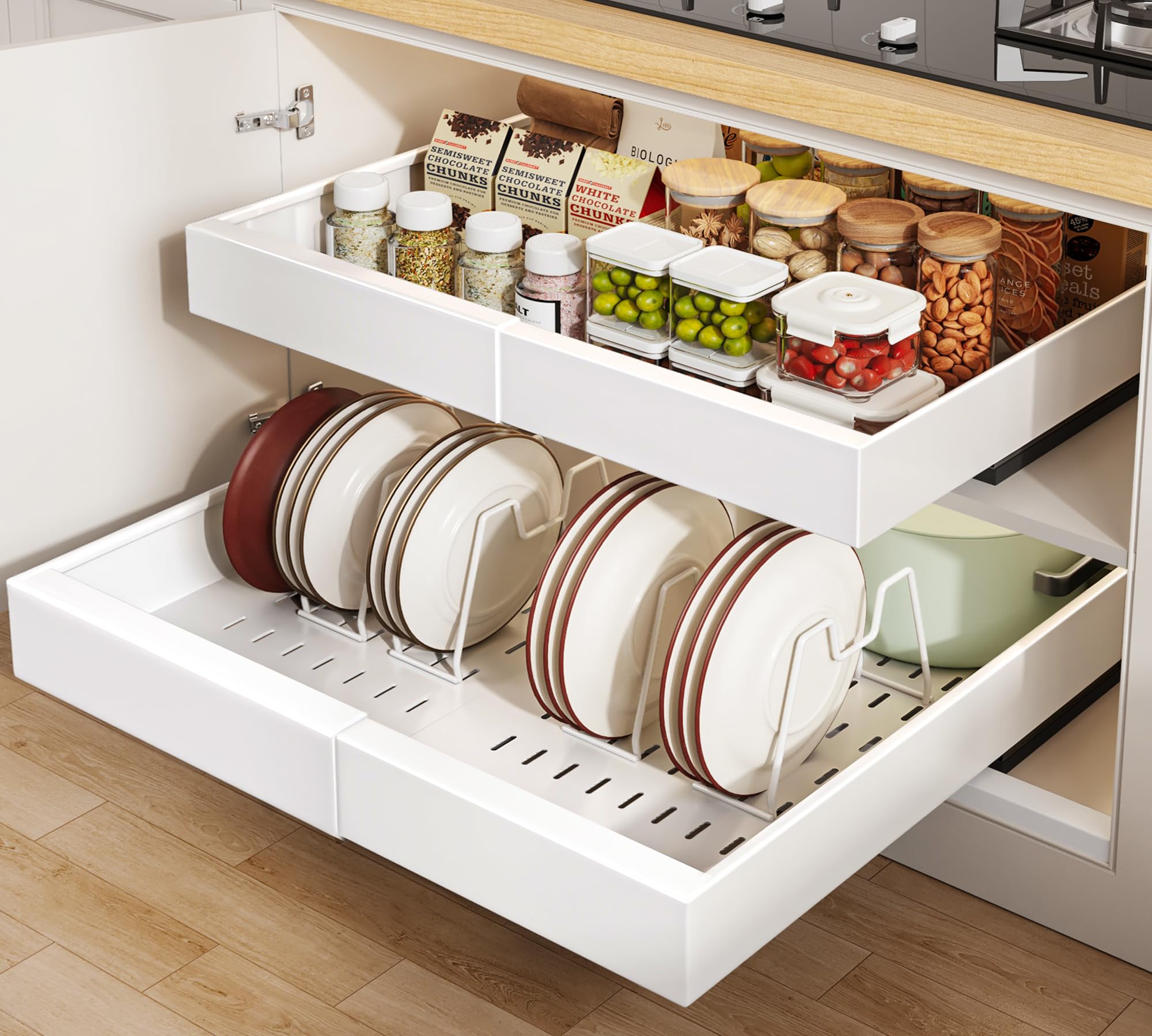 Seinloes pull-out cabinet organizer with 21-inch depth and raising pads for framed cabinets, enabling easy back-of-cabinet access.