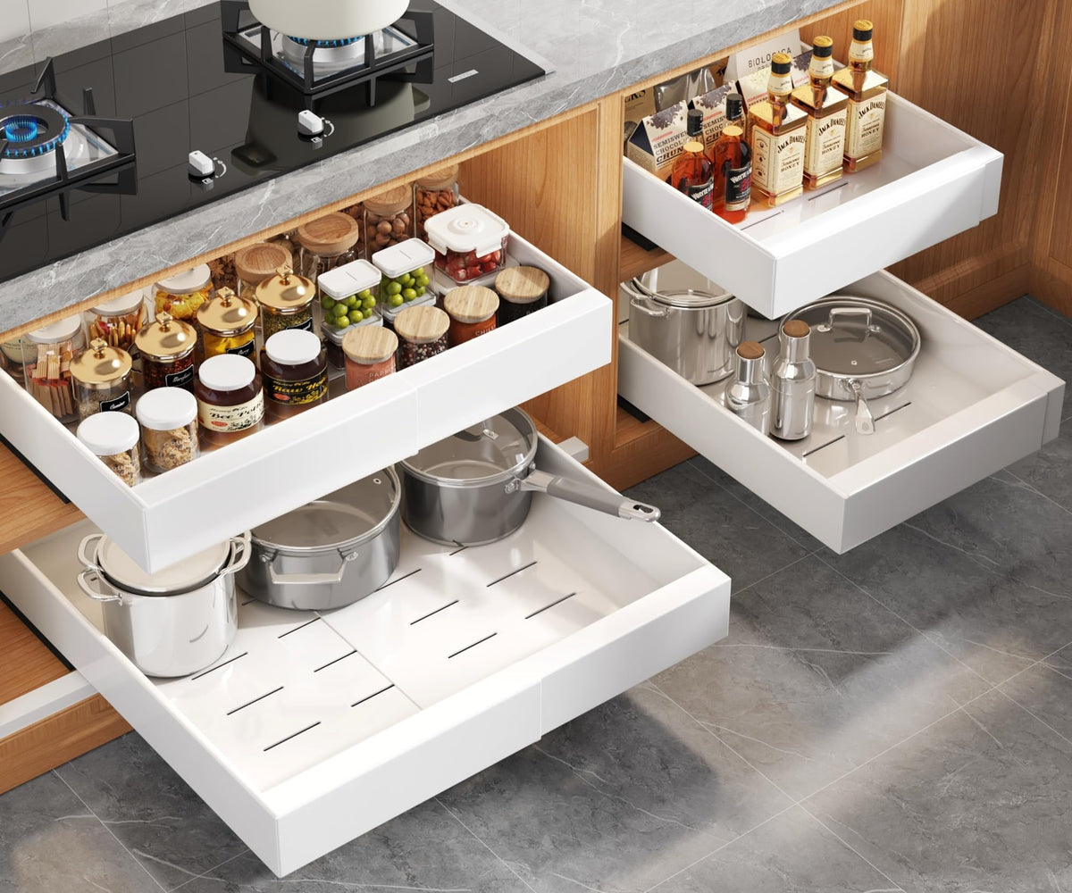 Seinloes pull-out cabinet organizer, 21-inch depth, for easy cookware access.