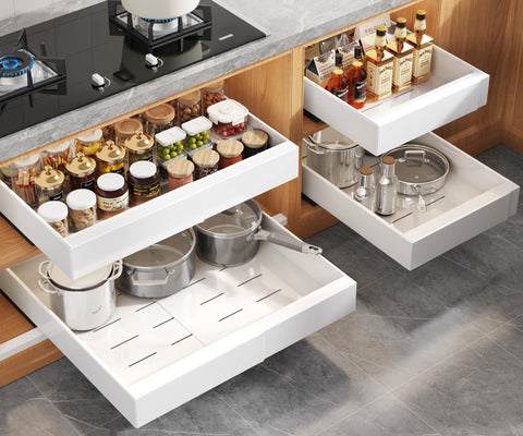 Seinloes pull-out cabinet organizer, 21-inch depth, for easy cookware access.