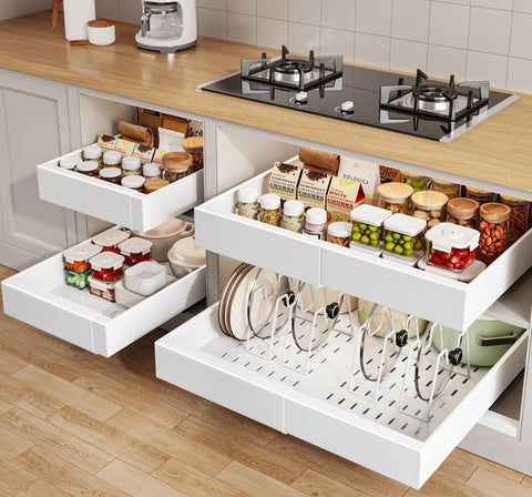 Seinloes pull-out cabinet organizer enables easy access in deep 21-inch cabinets.