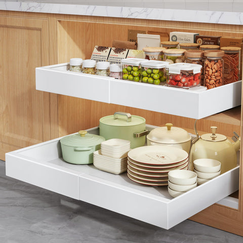 Seinloes pull-out organizer in a 21-inch deep cabinet for easy access to cookware.