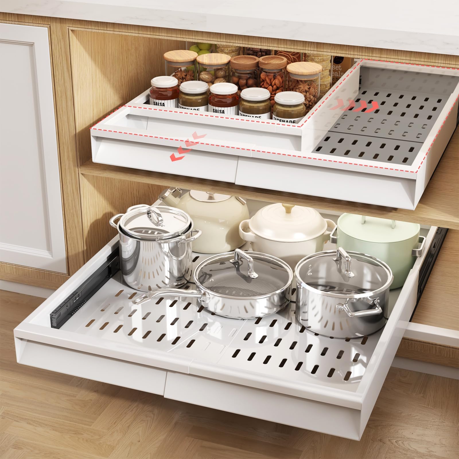 Seinloes pull-out organizer with built-in front handle for quick access.